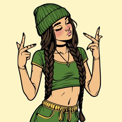 realistic teenage girl with braids and a beanie and crop top doing 🫶🏼
