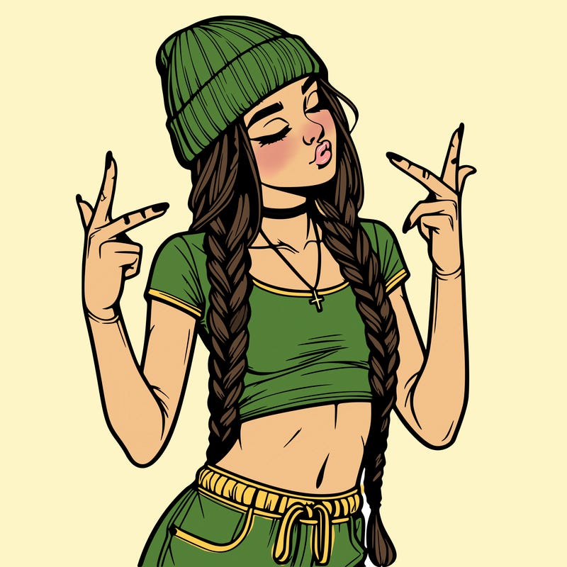 realistic teenage girl with braids and a beanie and crop top doing 🫶🏼