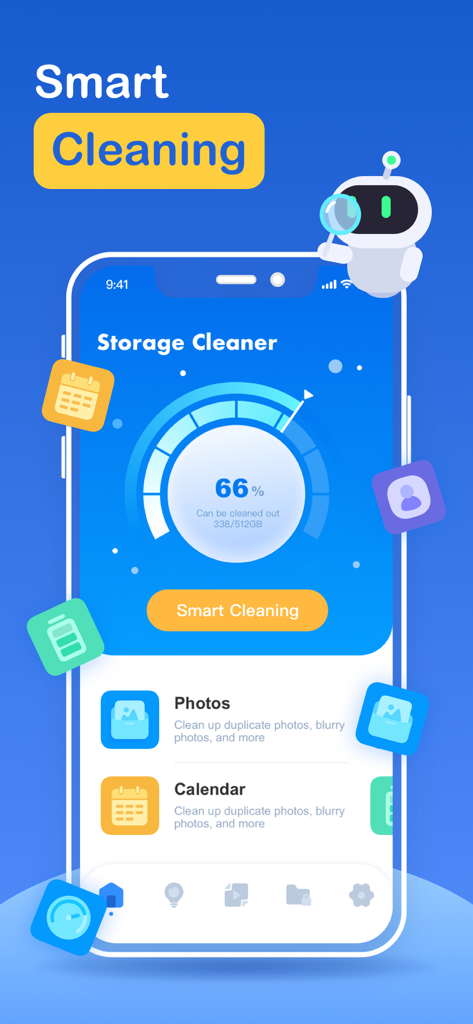 Dashboard of the Storage Cleaner app showing storage usage and smart cleaning options
