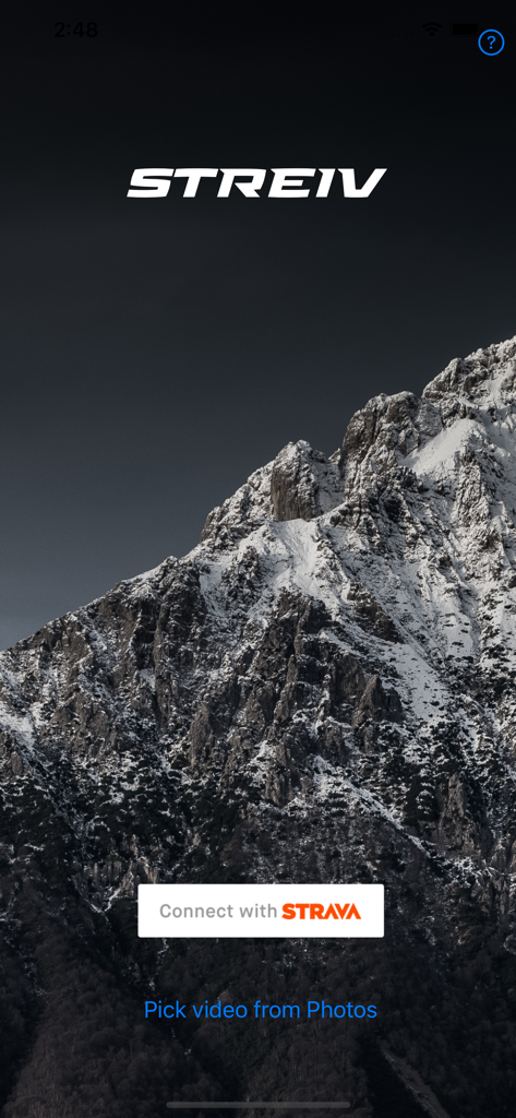 Strava data on video - STREIV - Écran d'accueil de l'application STREIV avec un arrière-plan de montagne et un bouton pour se connecter avec Strava