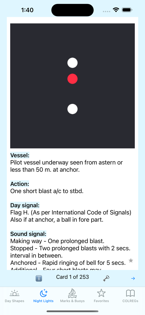 Sail Safe - Sail Safe app flashcard showing maritime night lights and signals for a pilot vessel