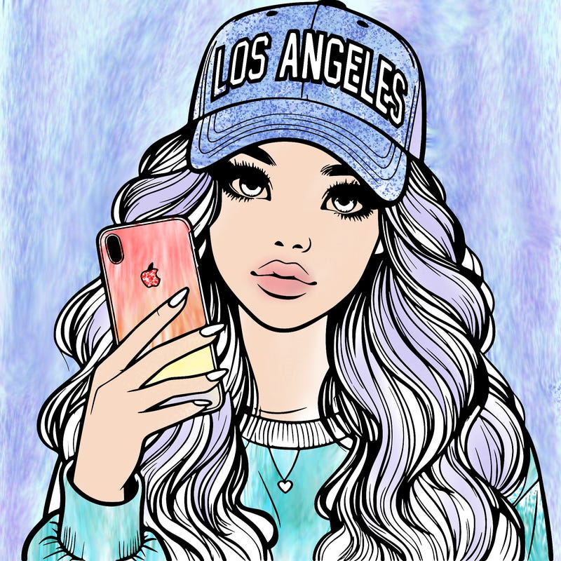 realistic beautiful girl wearing los ángeles cap holding an iphone