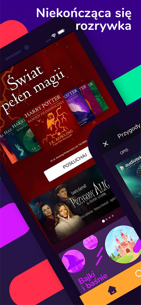 Audioteka Kids - Smartphone screen showing the Audioteka Kids app library with popular children's audiobook covers like Harry Potter and Alice in Wonderland.