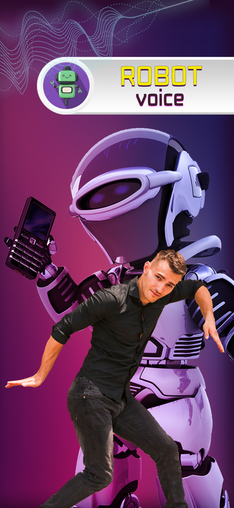 미래적인 보라색 로봇 캐릭터와 함께 포즈를 취하고 있는 남성으로 로봇 음성 필터 효과를 보여줍니다.