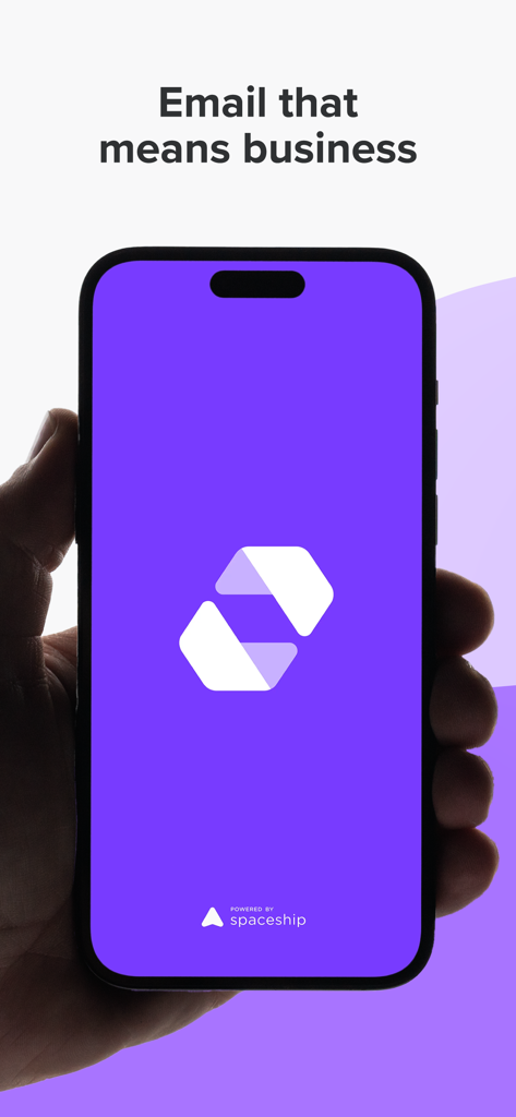Spacemail - A hand holding a smartphone displaying the Spacemail app splash screen with the slogan Email that means business