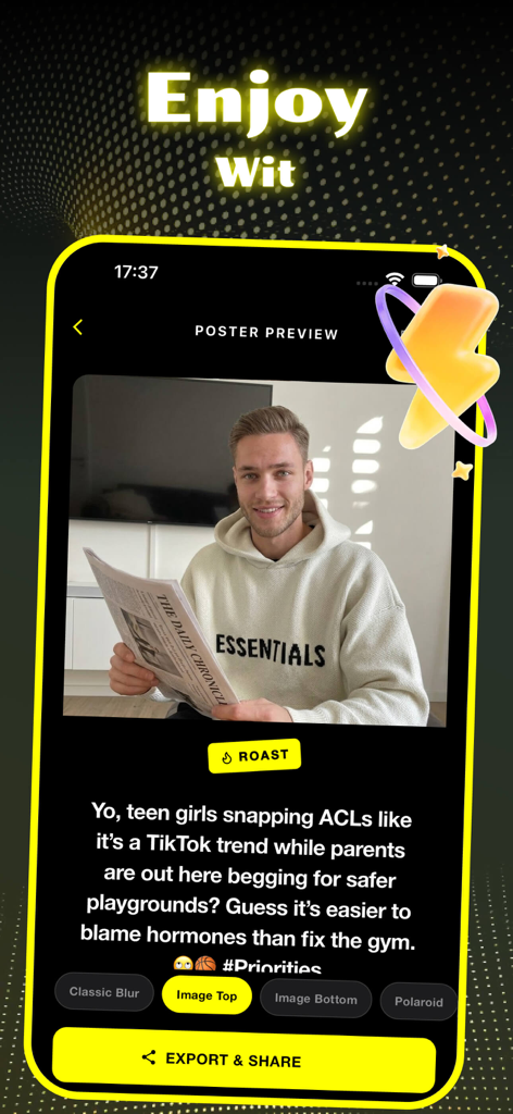 Capture & Create - Vivid - Ein Handybildschirm, der ein kontrastreiches, KI-generiertes Poster mit einem witzigen Untertitel und Bild in der Vivid App zeigt