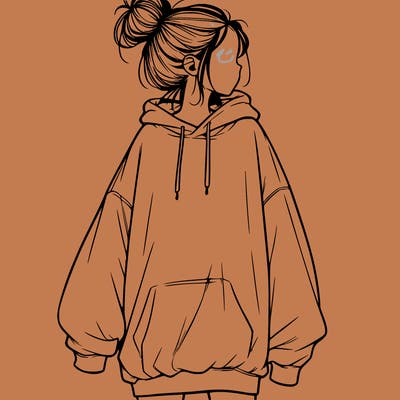 realistic girl with a oversized sweatshirt on and a bun
