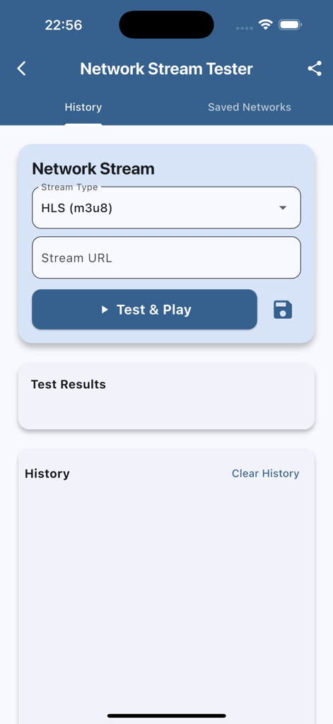 Interface for testing network streams featuring HLS m3u8 stream type selection and URL input fields in API Tool Pro.