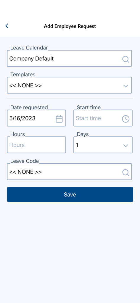 Formulário para enviar uma solicitação de folga no aplicativo móvel TimeClock Plus
