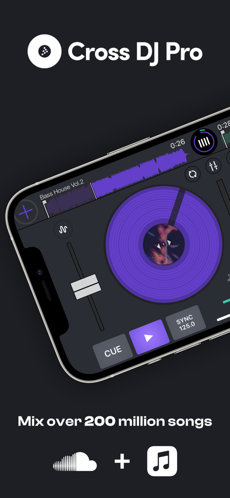 Cross DJ Pro - Mix & Remix - Interface de l'application mobile Cross DJ Pro avec une platine virtuelle violette et des icônes d'intégration musicale