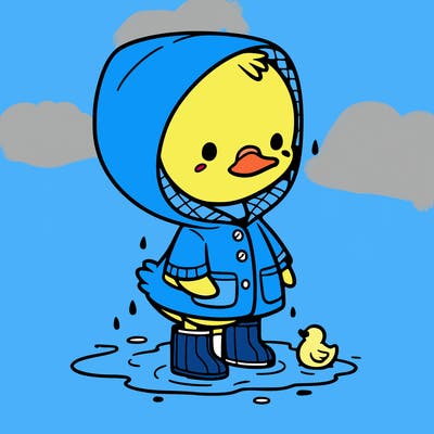 baby duck in a rain coat and boots, in a puddle while it’s raining