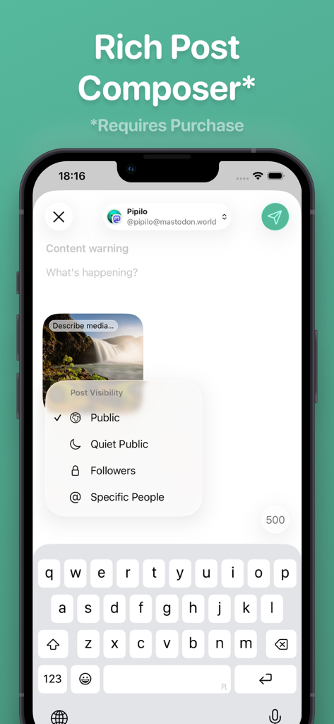 Pipilo - Rich post composer interface in the Pipilo app showing post visibility options