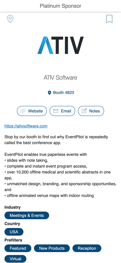 EventPilot Conference App - Página de perfil de expositor en la aplicación EventPilot que muestra los detalles de ATIV Software, incluido el número de stand, sitio web y opciones de contacto.