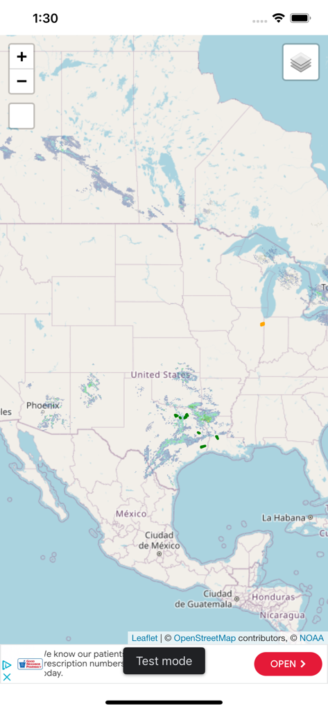 Live Doppler radar map of North America showing storm signatures and cloud cover