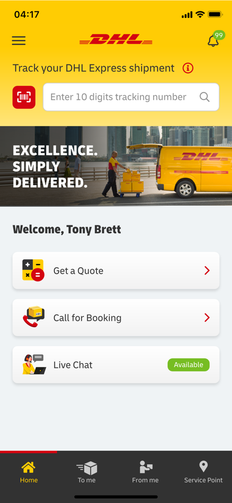 DHL Express Mobile App - DHL Express 모바일 앱 홈 화면: 추적 검색창, 배송 요금, 실시간 채팅 서비스 기능