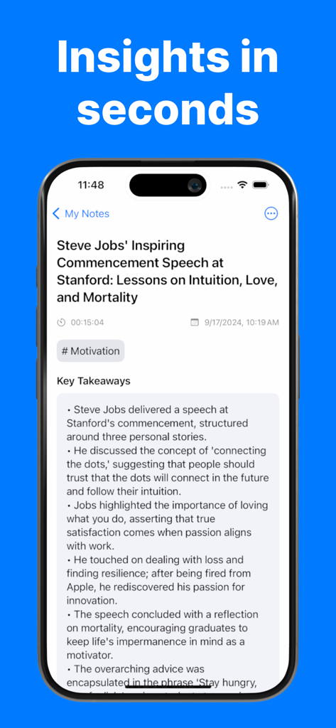 AI Note Taker Lecture Recorder - iPhone display showing AI generated key takeaways and summaries from a recorded lecture in the VocaNote app
