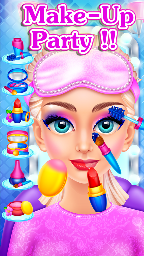 Crazy Slumber Party - Makeup, Face Paint, Dressup, Spa and Makeover - Girls Beauty Salon Games - A girl character applying makeup with lipstick and brushes in a slumber party beauty game