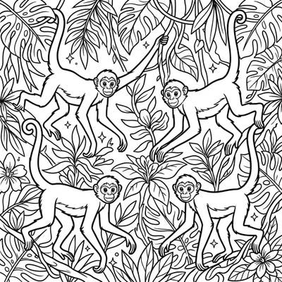 Dive into a vibrant jungle adventure with this exciting Spider Monkey coloring page. Explore a canopy filled with agile monkeys, lush foliage, and tropical blooms, ready for your creative touch.