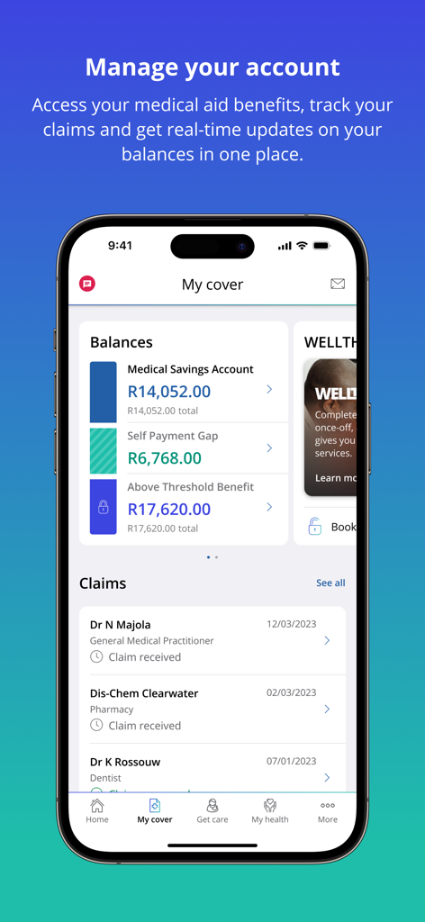 Painel do aplicativo Discovery Health mostrando saldos de assistência médica e rastreamento de sinistros