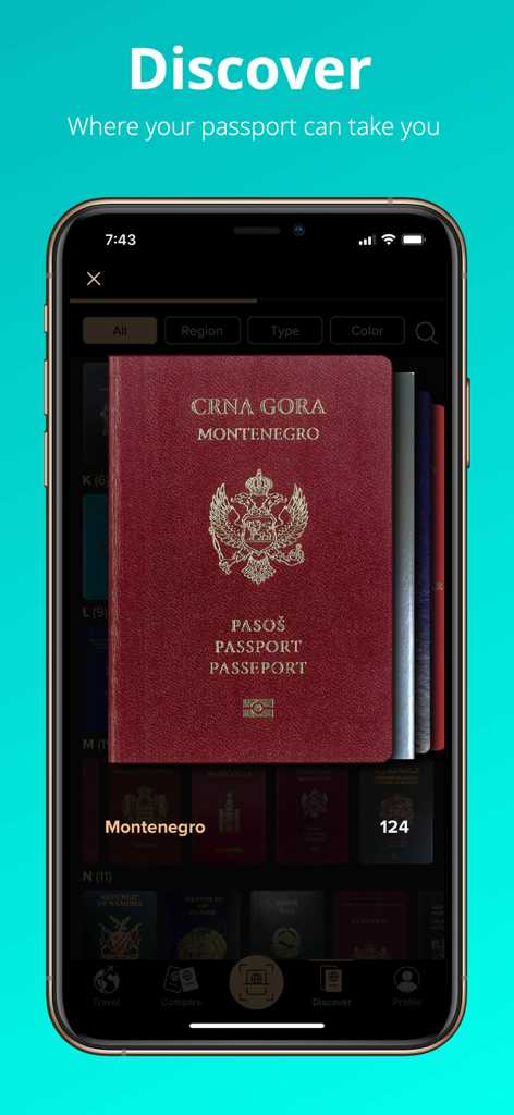 Smartphone screen showing the Passport Index app discover feature with a Montenegro passport highlighted