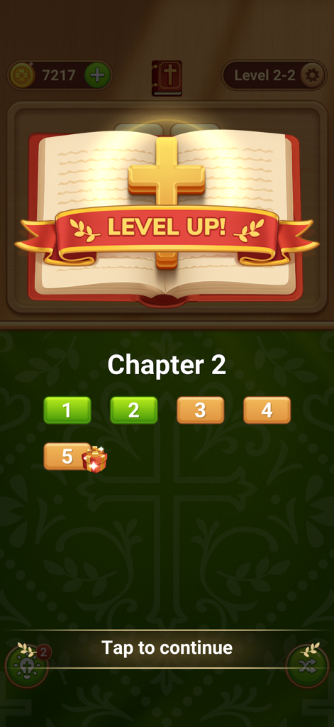 Bible Word Connect Game - A level up screen in a Bible word puzzle game featuring an open Bible with a gold cross and chapter progress