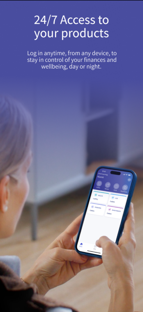 A woman using the MyIrishLife mobile app on her smartphone to access her financial and health products.