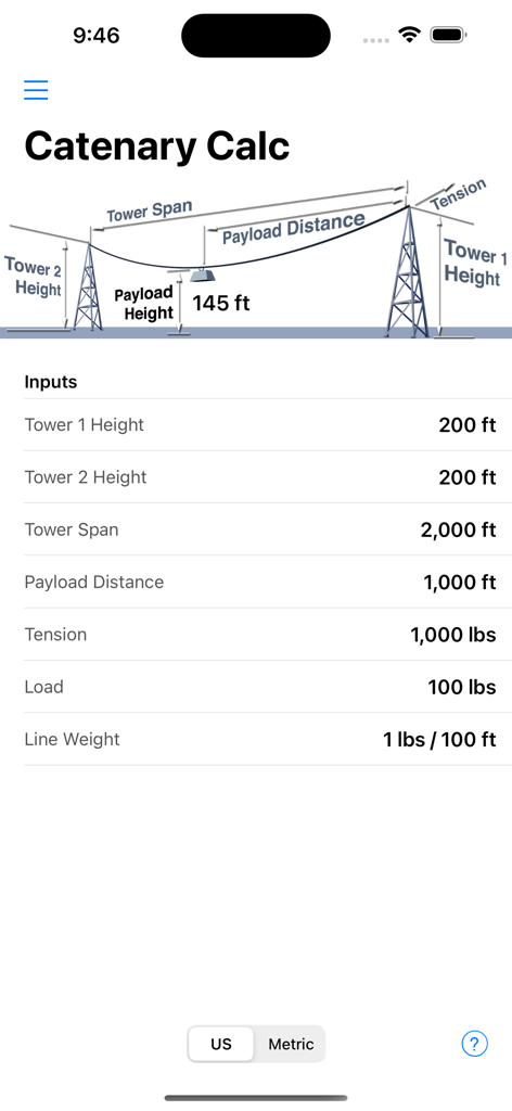 Rigger Ref - Catenary calculation screen in the Rigger Ref app showing tower heights and line tension inputs