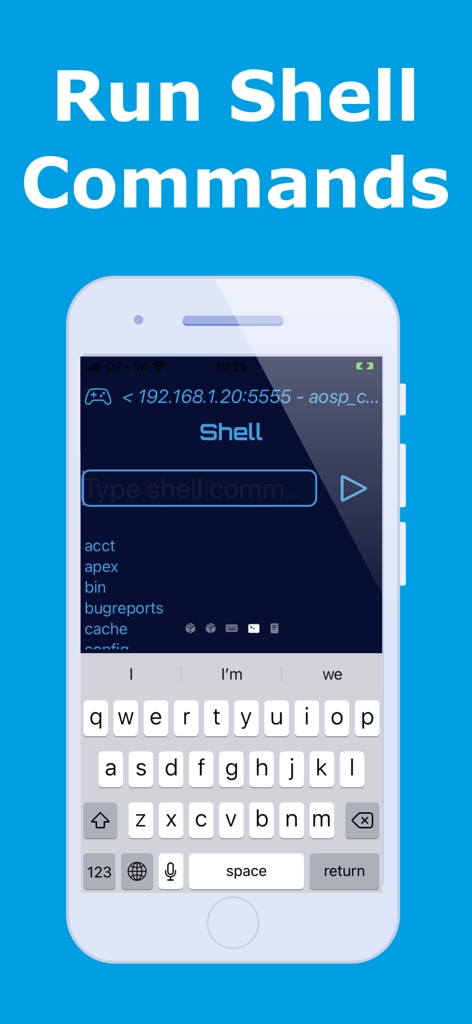 Bugjaeger - Mobile ADB - Bugjaeger app interface on iPhone showing the remote shell command terminal for Android devices.