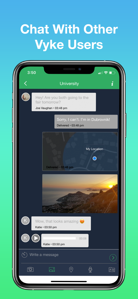 Vyke: Second Phone Number - A smartphone screen showing the Vyke app group chat interface with text and media messages