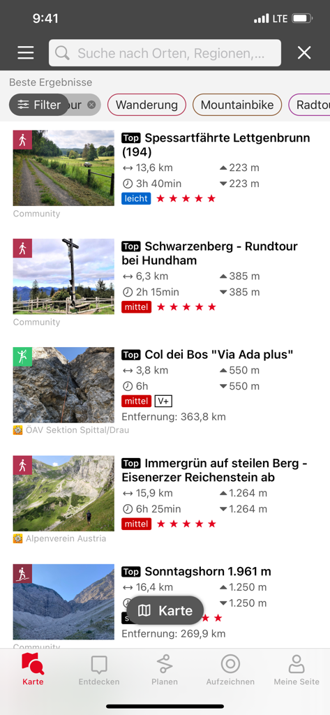 Search results in the Naturfreunde Tourenportal app showing a list of hiking and mountain tours with distance elevation and difficulty details