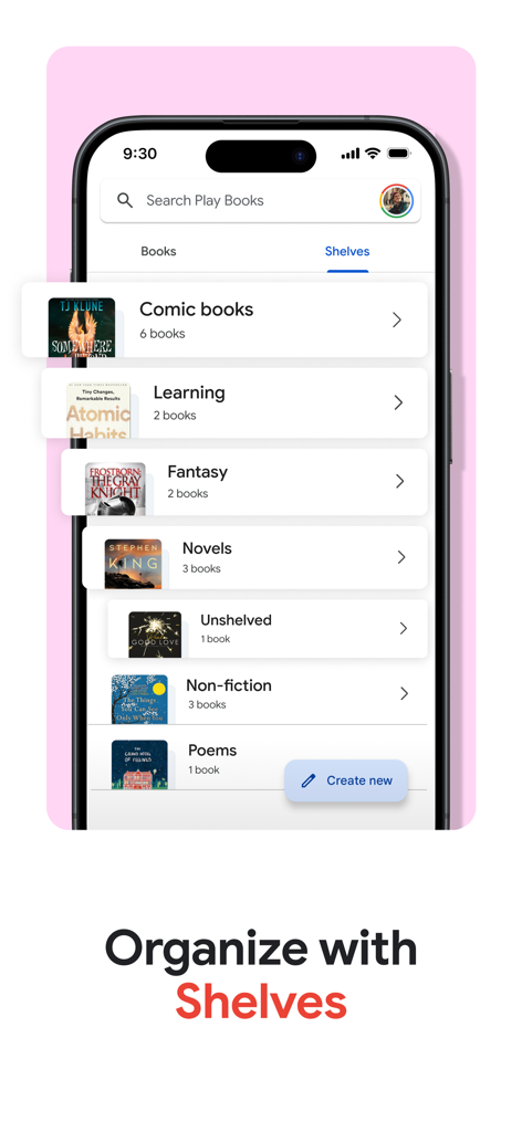 Interface de l'application Google Play Livres sur iPhone montrant une bibliothèque organisée en étagères personnalisées par genre