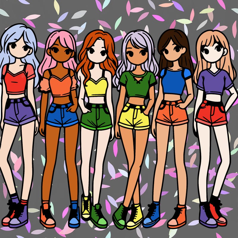 a group of girls wearing crop tops and shorts