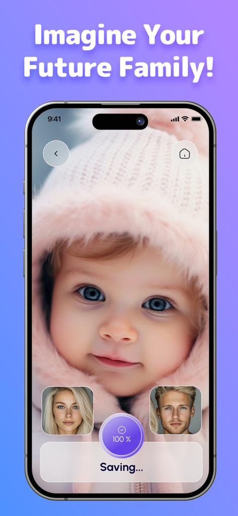 AI generated future baby face on a mobile app screen with parent photos