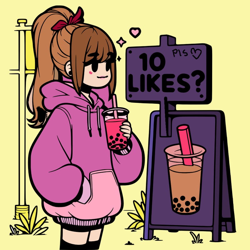 girl with oversized hoodie drinking boba and she has a high ponytail with a sign that says 10likes?