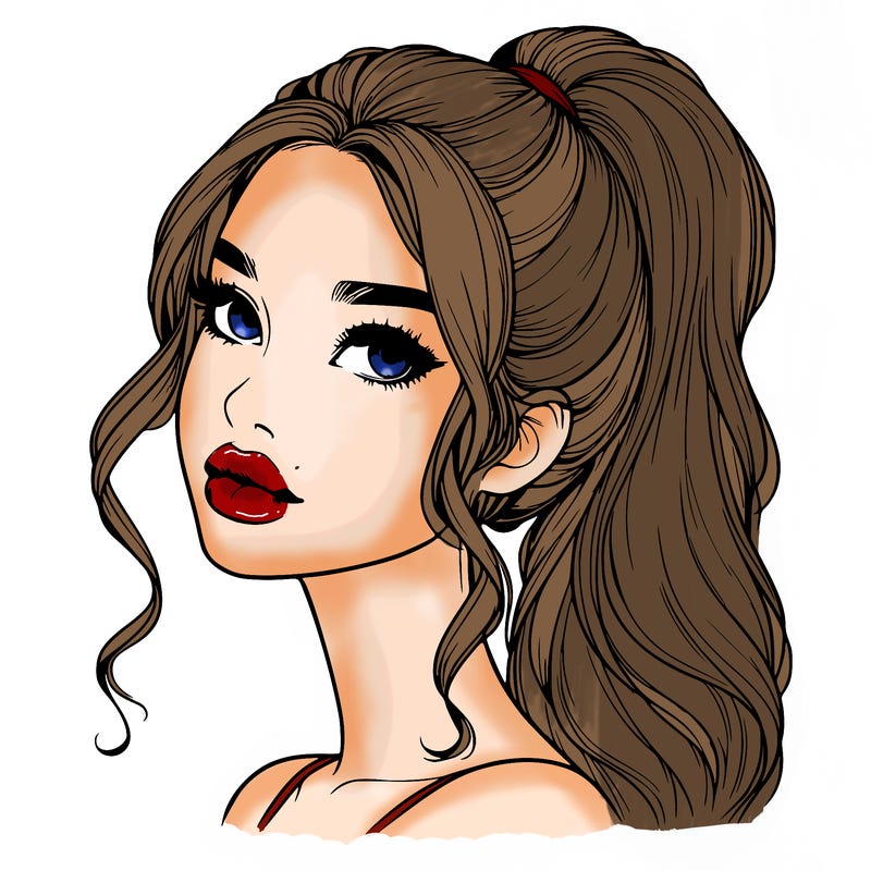 realistic girl with a ponytail on her hair and lips
