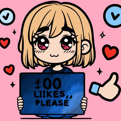 a girl with a sign saying 100 likes, please