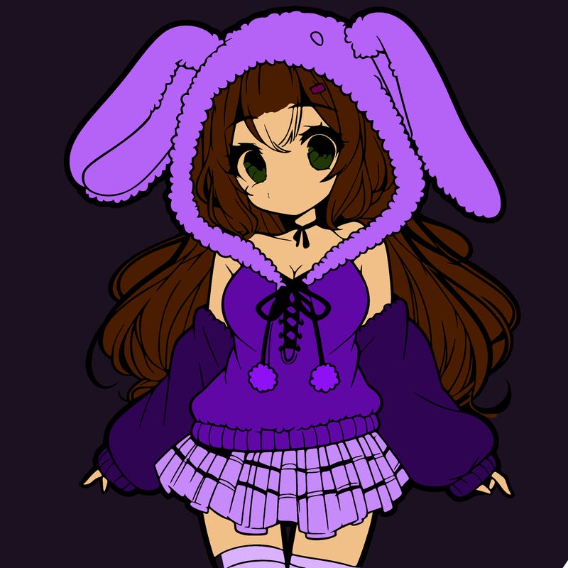 pretty anime girl wearing a fluffy hoodie with bunny ears on the hood and a skirt