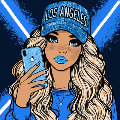 realistic beautiful girl wearing los ángeles cap holding an iphone