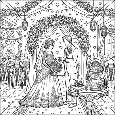 Step into a world of romance and celebration with this exquisite wedding interior scene. Color the happy couple exchanging vows amidst beautiful floral decorations and joyous guests.