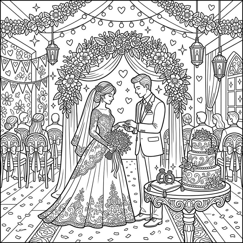Step into a world of romance and celebration with this exquisite wedding interior scene. Color the happy couple exchanging vows amidst beautiful floral decorations and joyous guests.