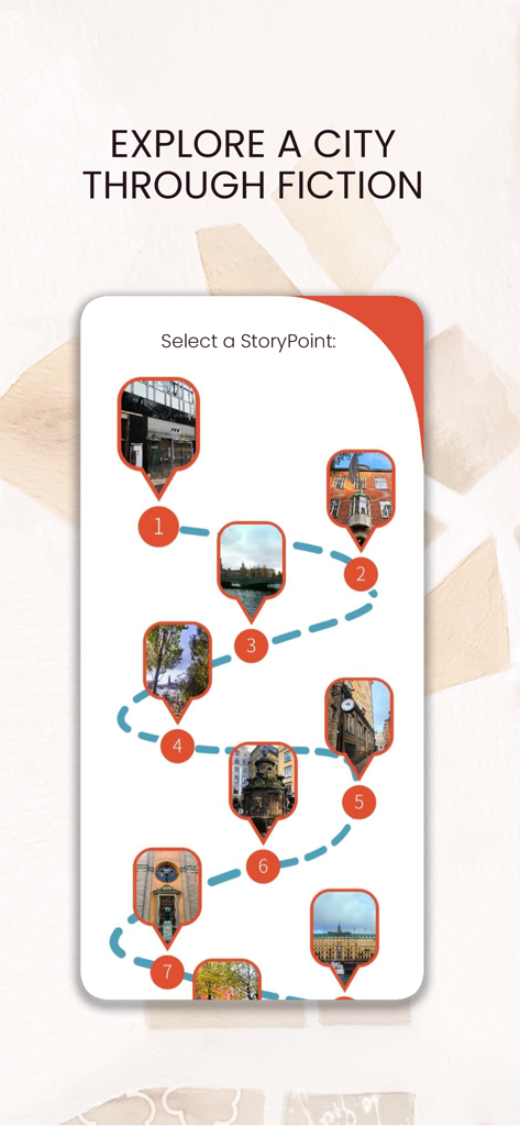 StoryTourist app screen displaying a numbered route of story points for a self guided walking tour through a city