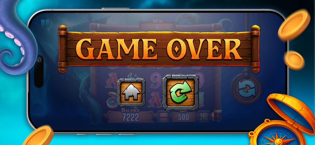 Super slot: mega game - Schermata di game over a tema pirata che mostra un rotolo di pergamena di legno e pulsanti di navigazione.
