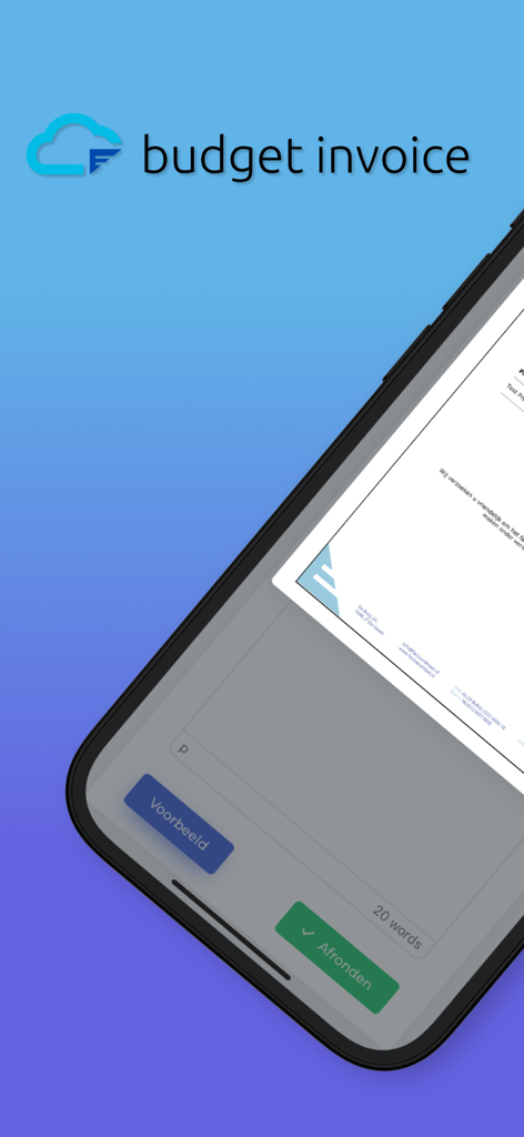 Mobile app interface of Factuur Simpel showing a professional invoice preview and finalize options.