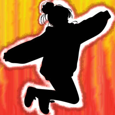 realistic girl jumping with a bun and oversized sweatshirt