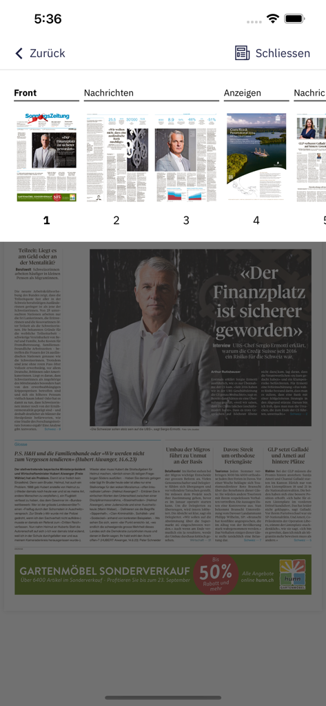 SonntagsZeitung E-Paper app interface showing a digital newspaper page and navigation thumbnails.