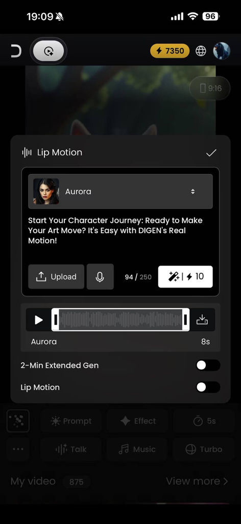 Interfaz de la aplicación DIGEN mostrando la función Lip Motion para animación de personajes y sincronización de labios