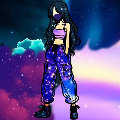 girl in baggy pants crop top and long hair