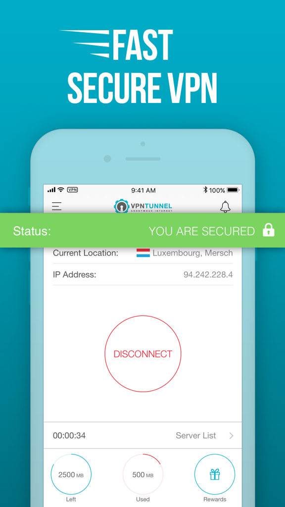 VPNTunnel – Private VPN Spot - Interface de l'application mobile VPNTunnel montrant une connexion sécurisée à un serveur au Luxembourg