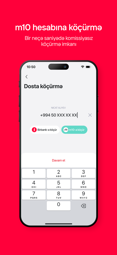 Birbank mobile app screen for commission-free money transfers to m10 accounts using a phone number.