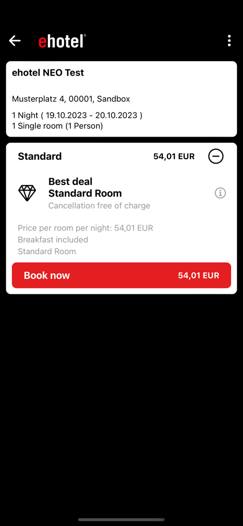 ehotel® hotel booking platform - Mobile app screen for ehotel showing booking details for a standard room including price and cancellation policy